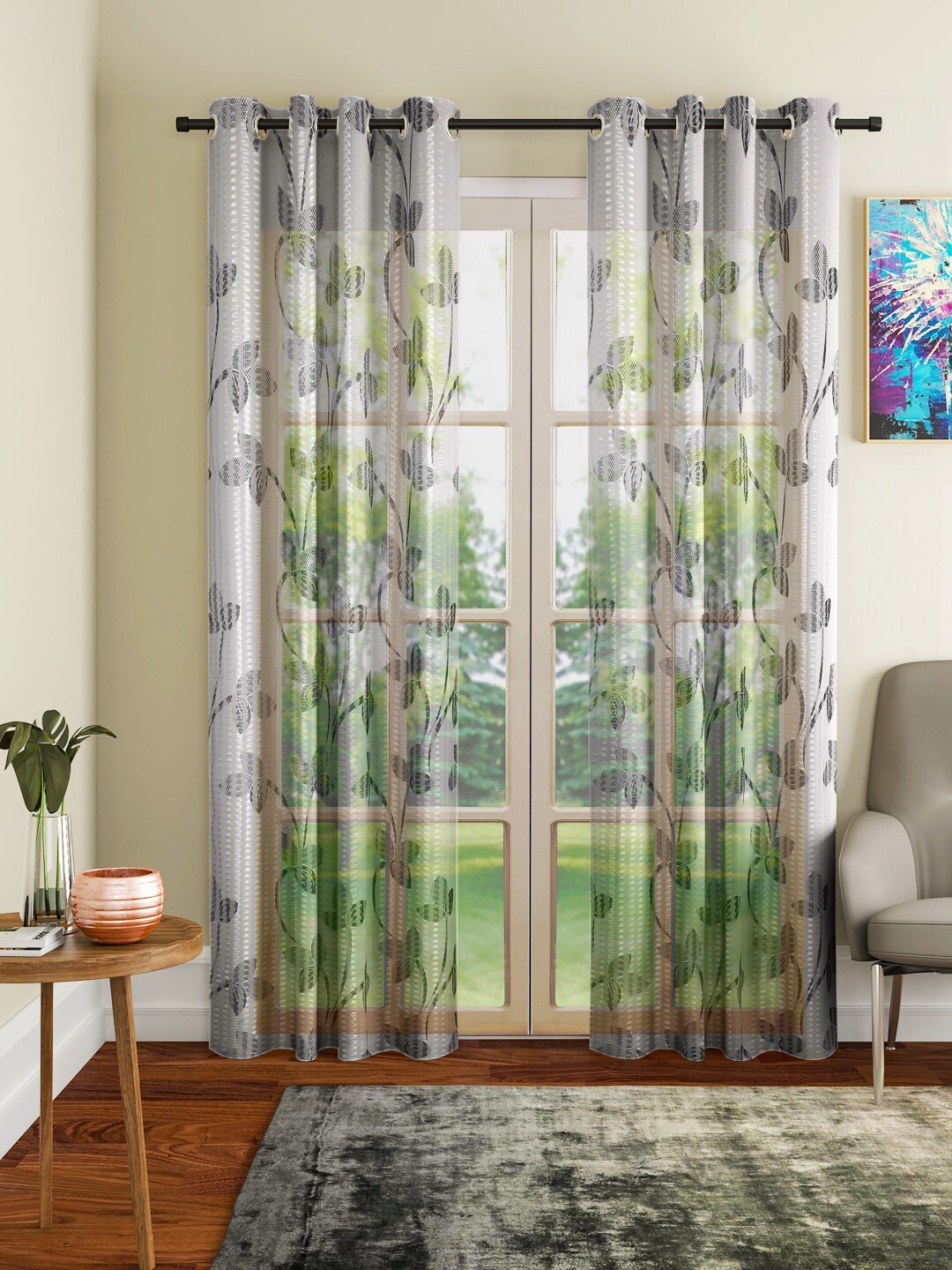 

Home Sizzler Black & White Set of 2 Floral Sheer Window Curtain