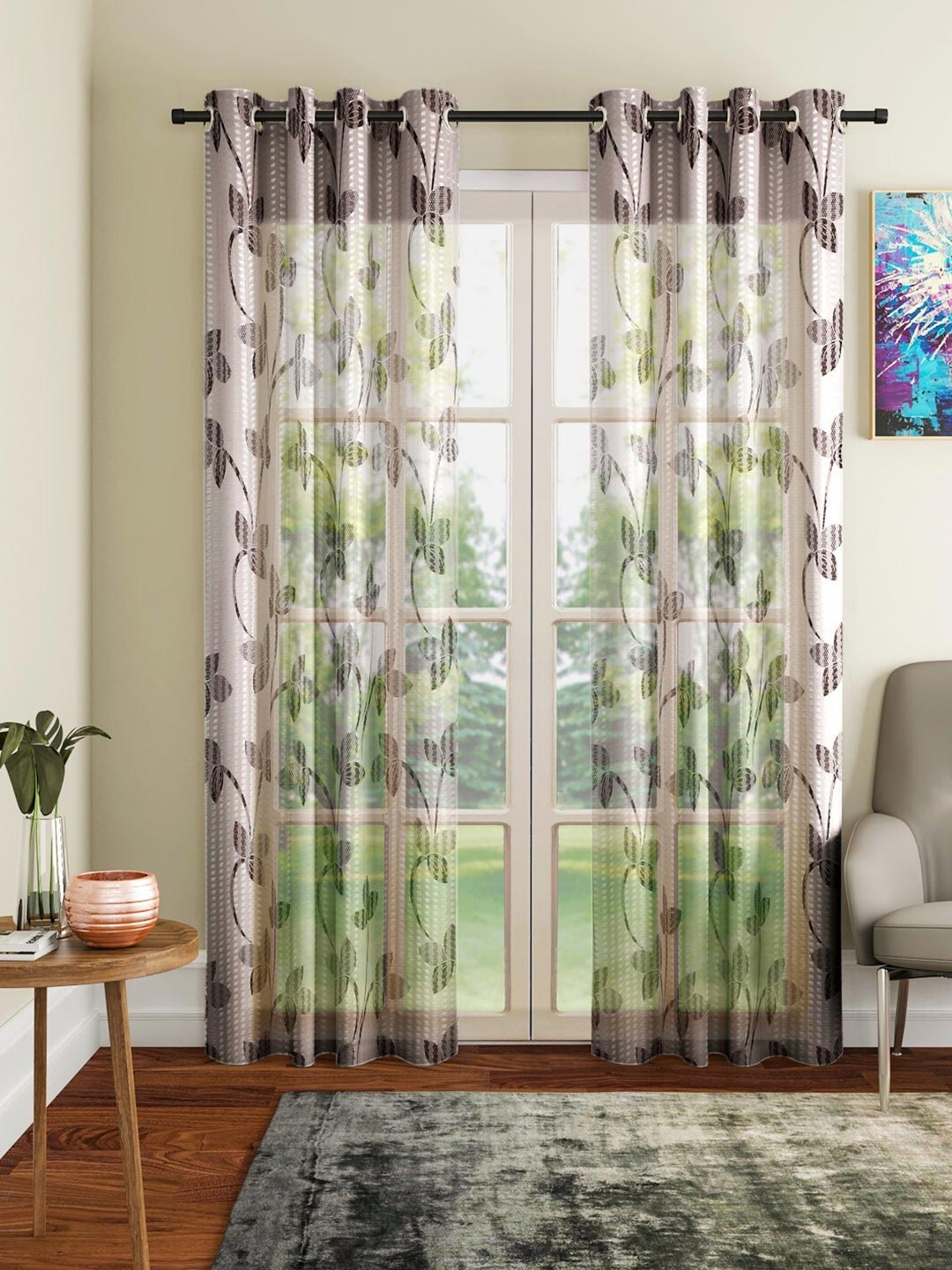 

Home Sizzler Brown & Off White Set of 2 Floral Sheer Long Door Curtain