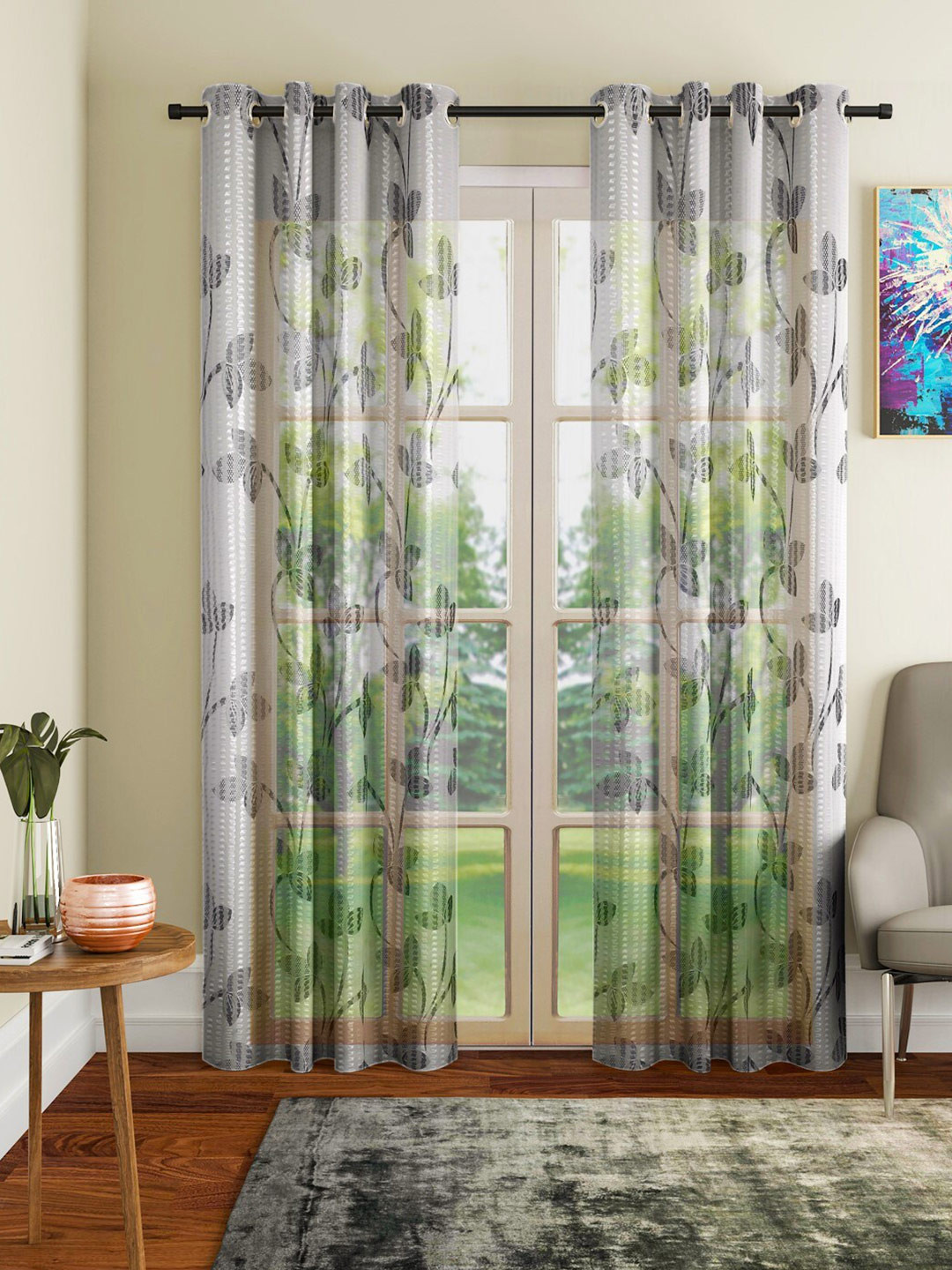 

Home Sizzler Black & White Set of 2 Floral Sheer Door Curtain