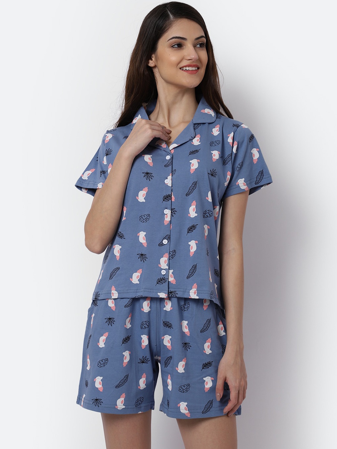 

Boston Club Women Blue & White Printed Night suit