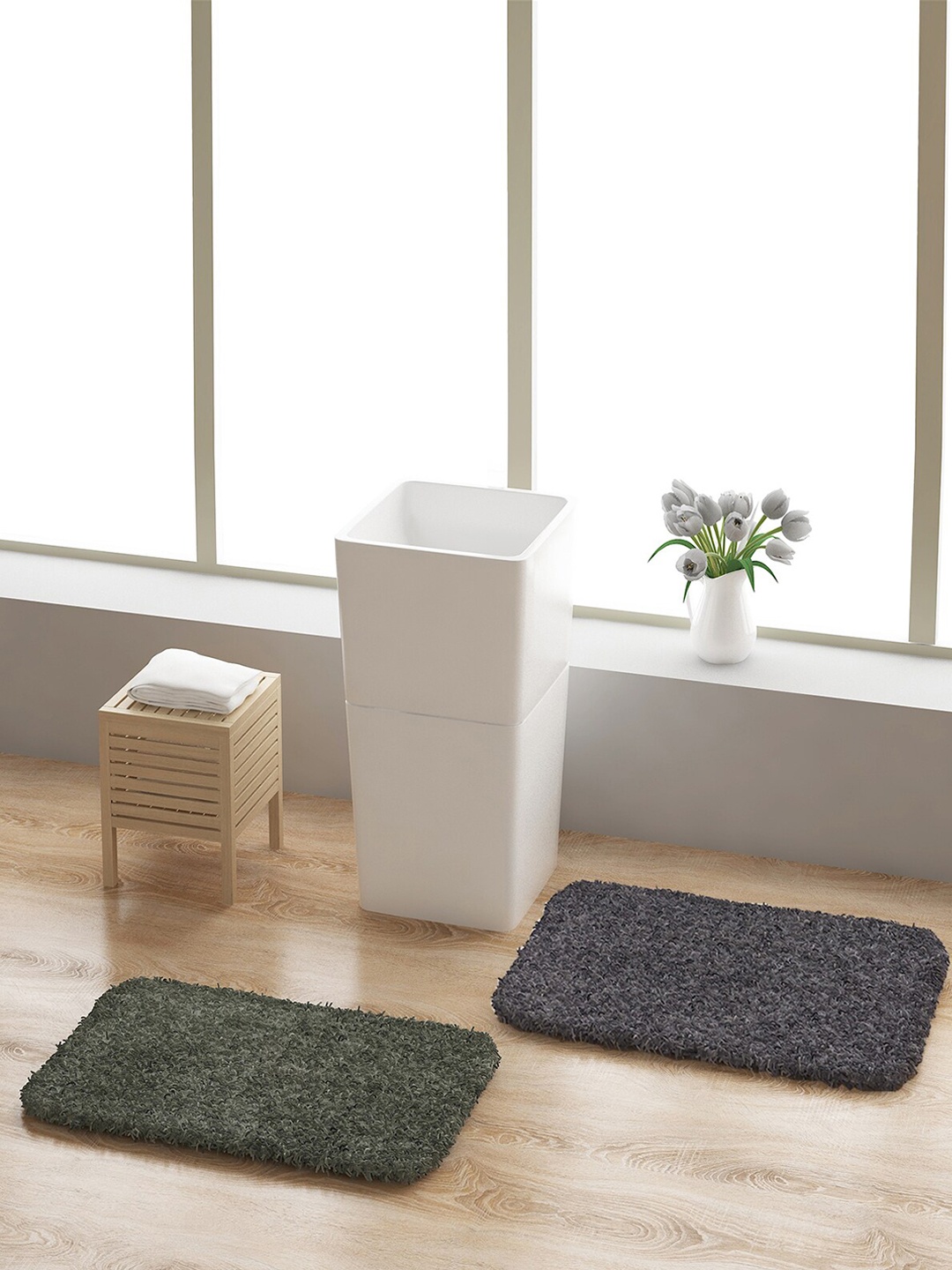 

ROMEE Set Of 2 Grey & Green Solid 500 GSM Microfibre Bath Rugs