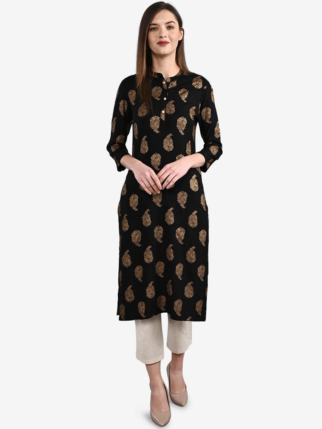 

Be Indi Women Mandarin Collar Ethnic Motifs Straight Multiple Slits Regular Kurta, Black