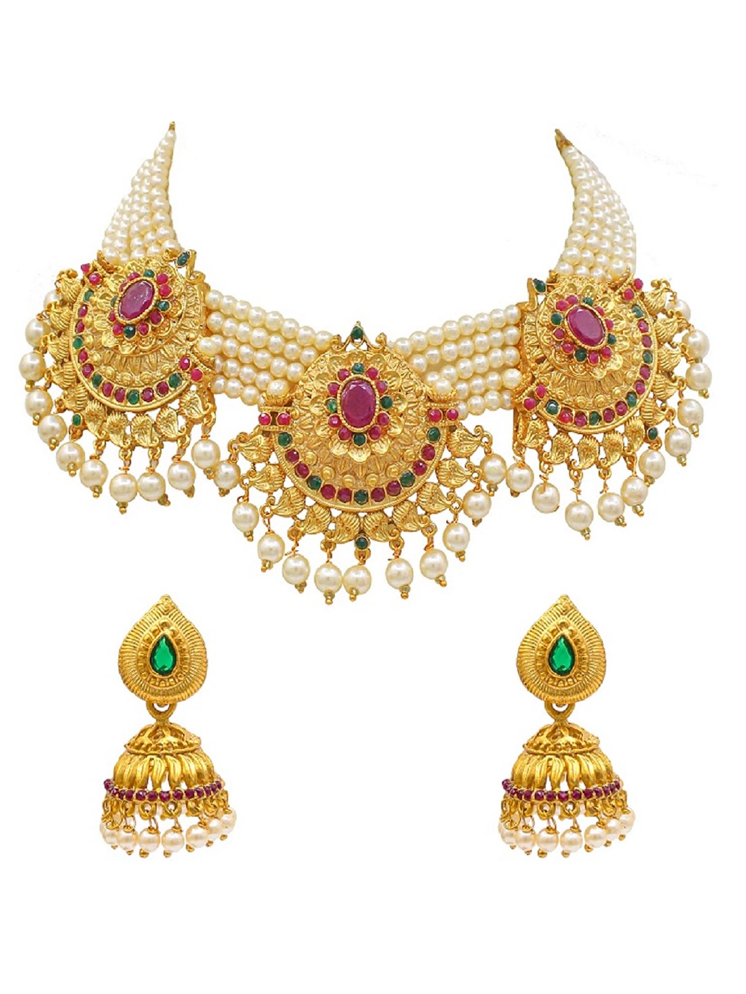 

SAIYONI Gold-Plated White & Green Stone-Studded & Pearl Beaded Jewellery Set