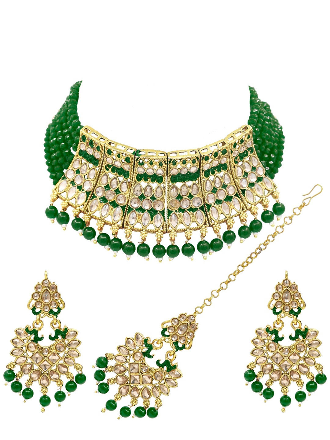 

SAIYONI Gold-Plated & Green Kundan-Studded Jewellery Set With Maangtikka