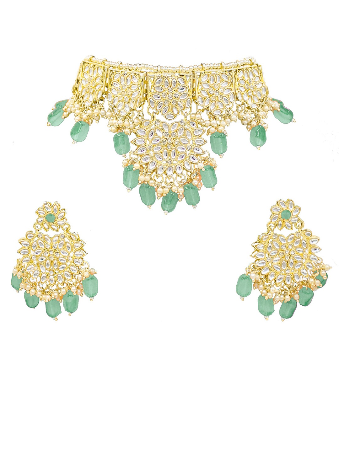 

SAIYONI Gold-Plated Green Kundan & Pearl Beaded Coker Jewellery Set