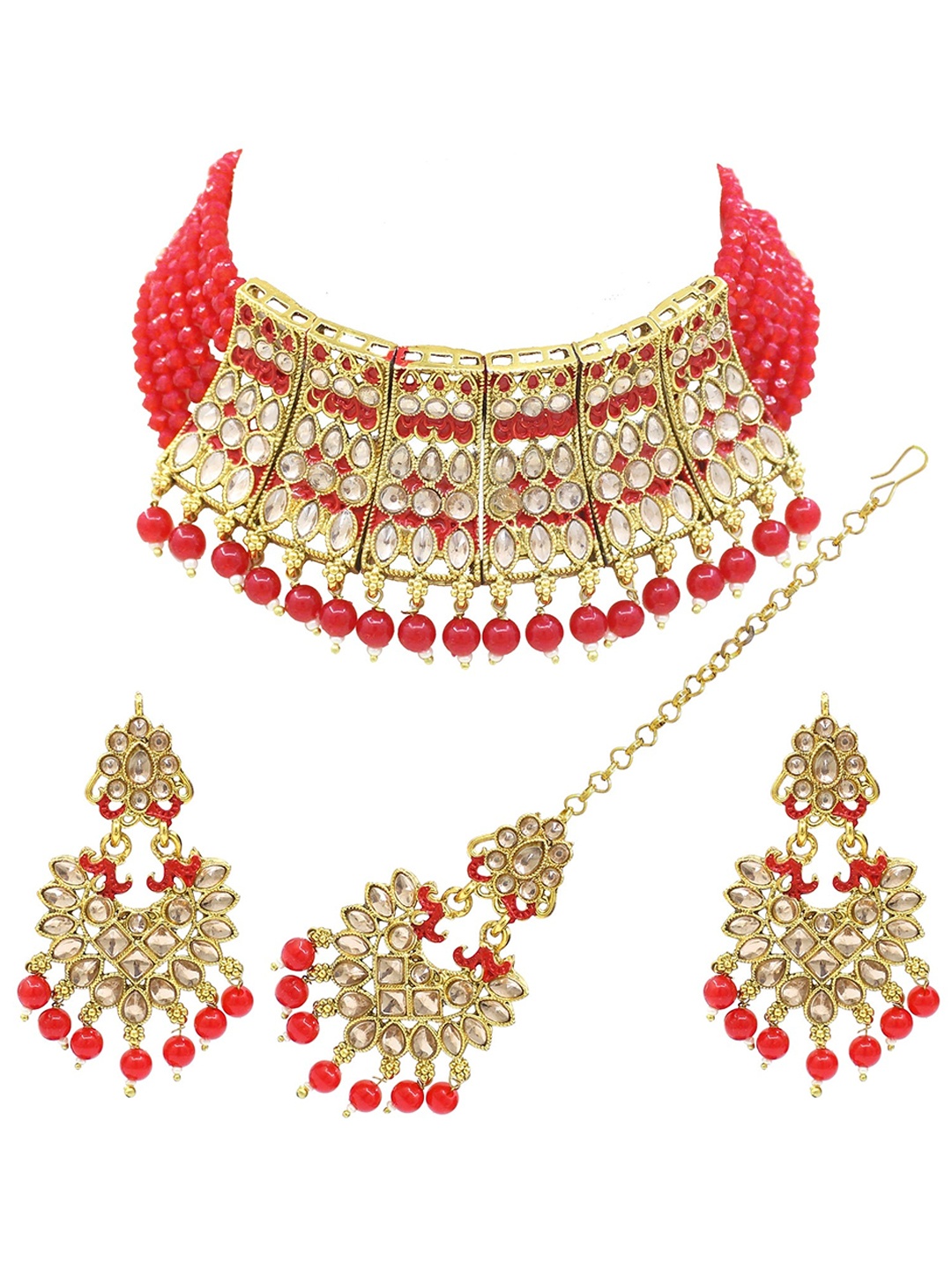 

SAIYONI Gold-Plated Red Kundan Studded Choker Jewellery Set