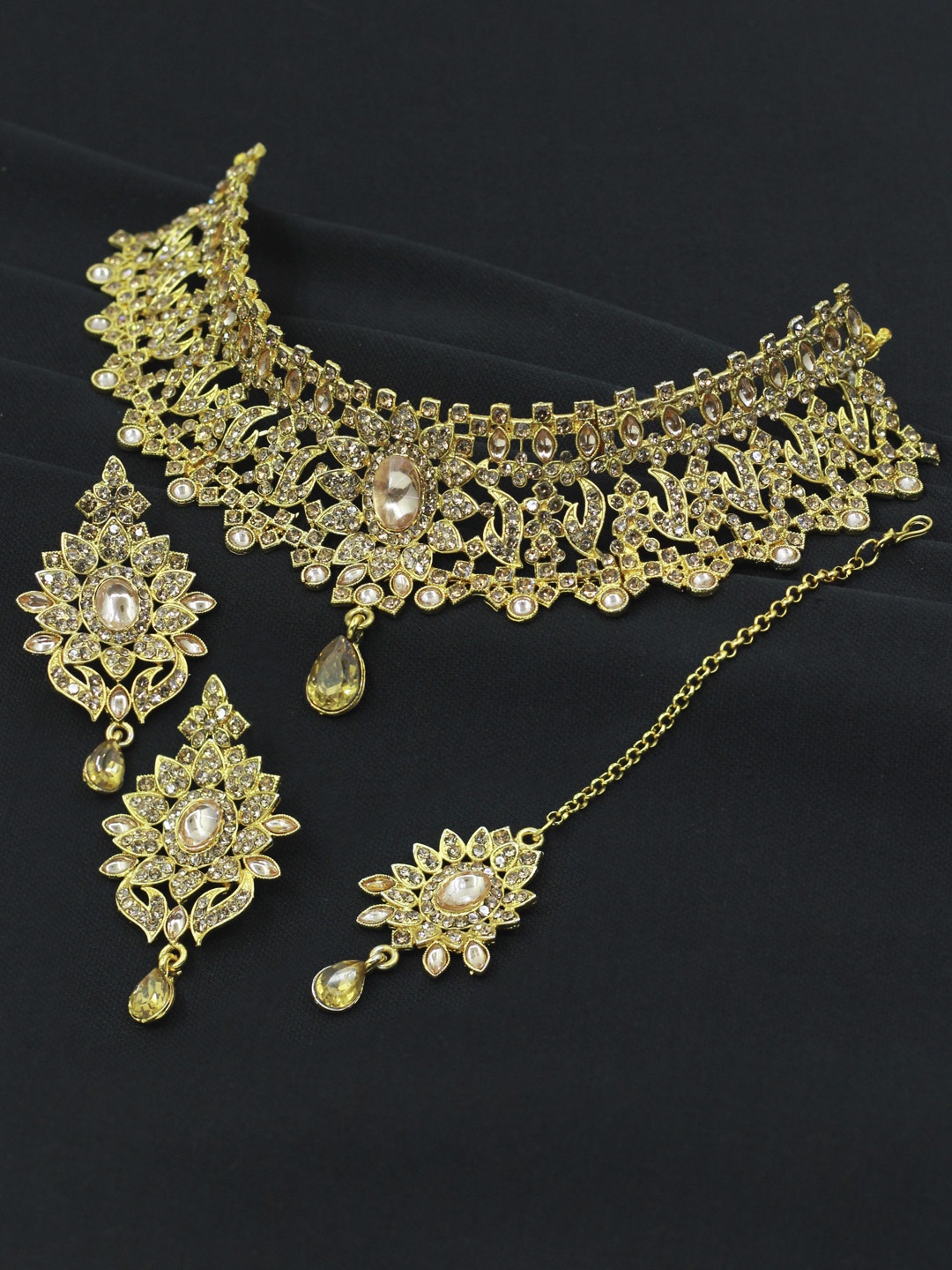 

SAIYONI Women Gold-Plated AD Studded Necklace and Earrings with Maangtikka