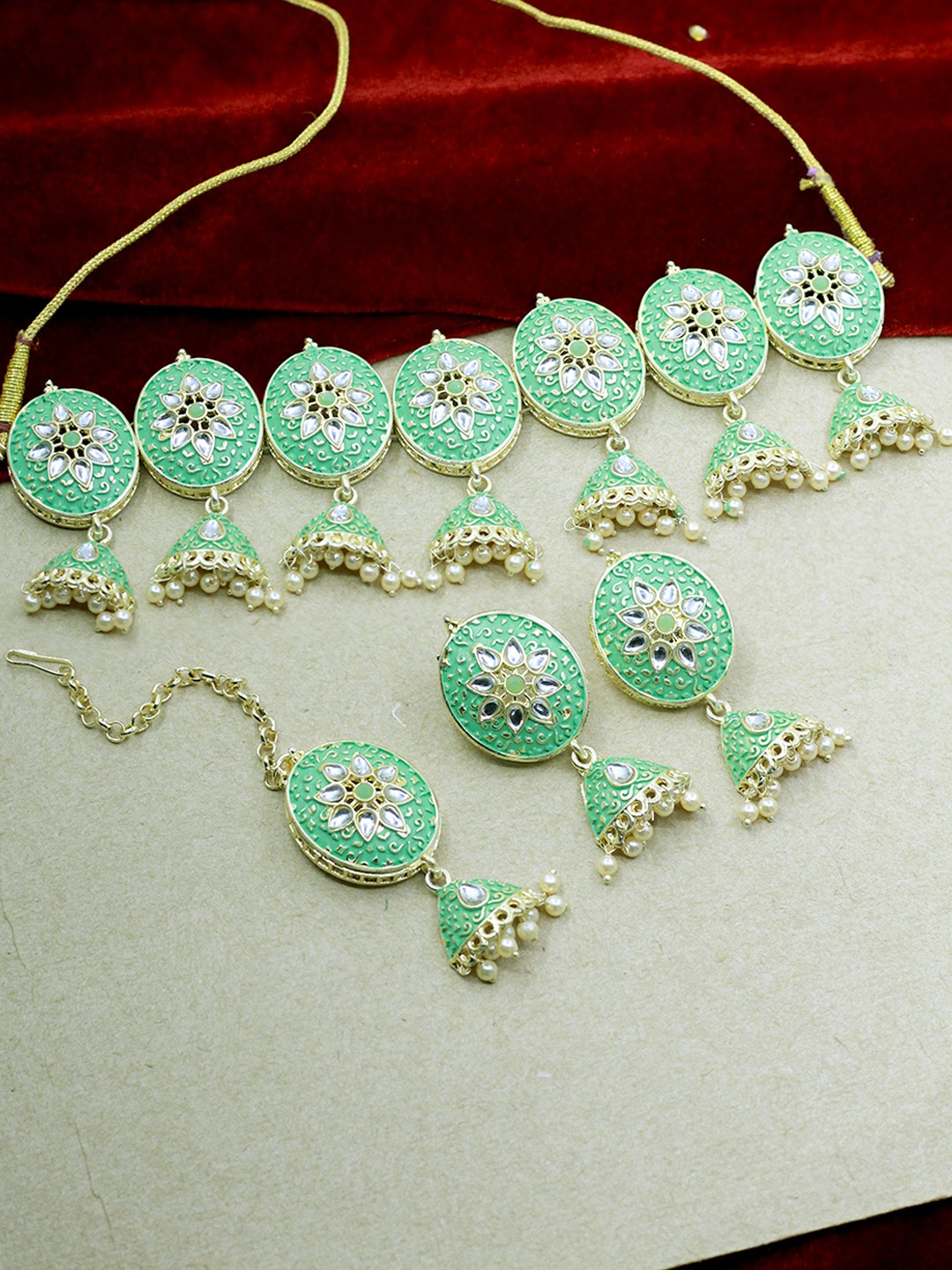 

SAIYONI Gold-Plated Green & White Kundan-Studded Meenakari Jewellery Set