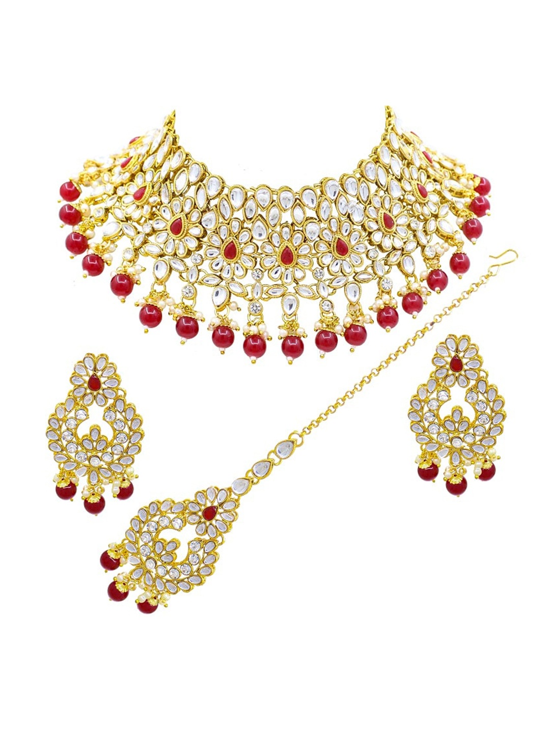 

SAIYONI Gold-Plated Red & White Kundan-Studded Jewellery Set