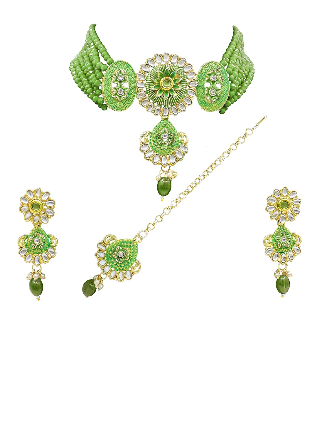 

SAIYONI Gold-Plated Green Kundan Studded Jewellery Set