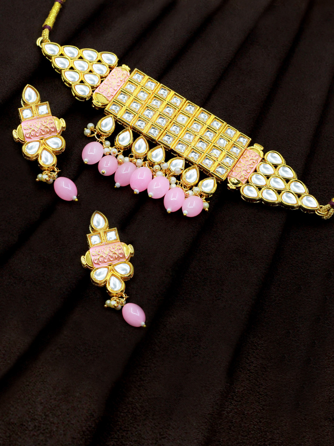 

SAIYONI Gold-Plated White & Pink Kundan-Stone Studded Meenakari Jewellery Set