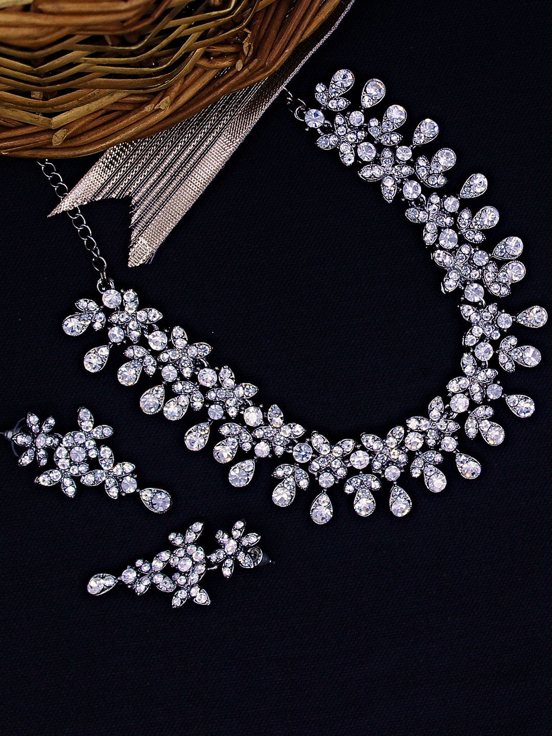 

SAIYONI Women Silver-Toned Austrian Diamond Oxidised Jewellery Set