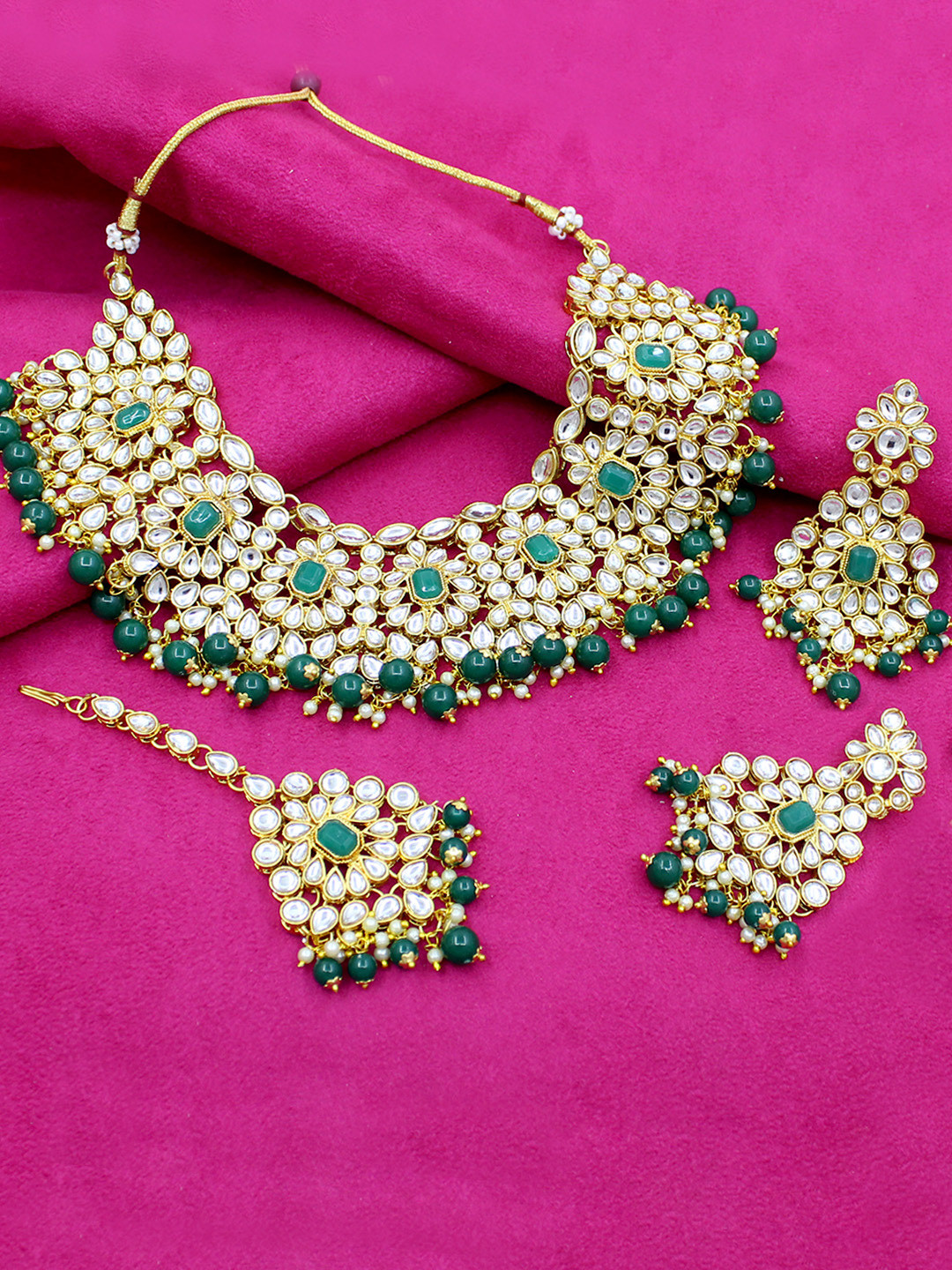 

SAIYONI Gold-Plated & White Kundan-Studded & Green Beaded Traditional Jewellery Set