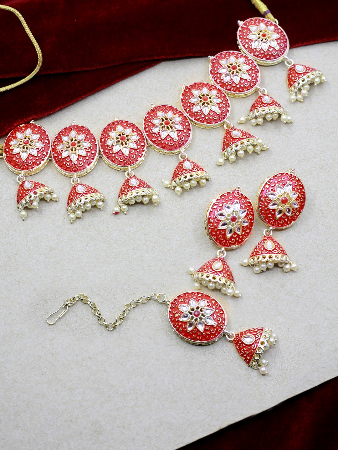 

SAIYONI Gold-Plated White & Red Kundan-Studded & Beaded Meenakri Work Jewellery Set