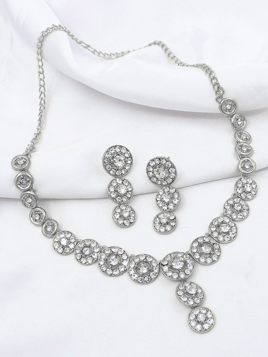 

SAIYONI Silver-Plated White Stone-Studded Jewellery Set