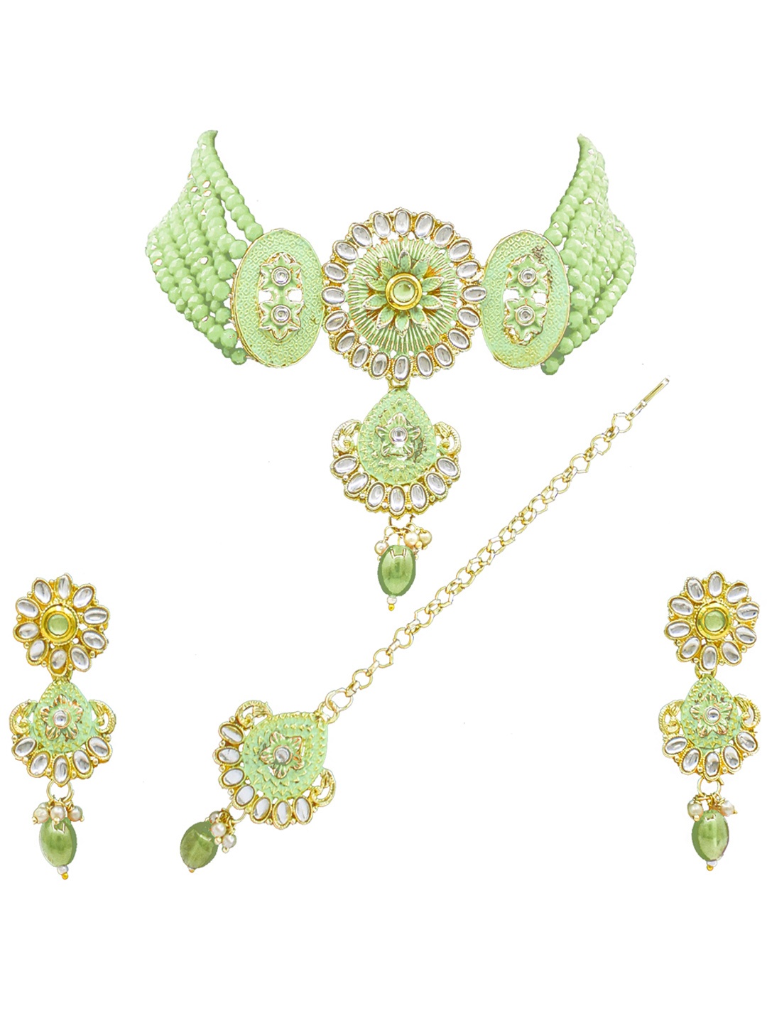 

SAIYONI Gold-Plated White & Green Kundan-Stone Studded Meenakari Jewellery Set
