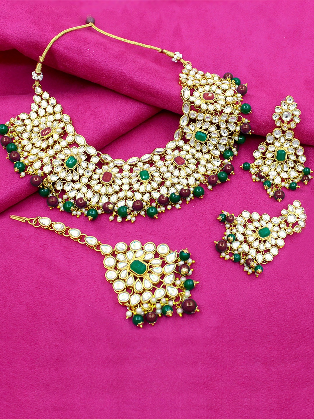 

SAIYONI Gold-Plated White & Green Kundan-Studded & Beaded Meenakri Work Jewellery Set