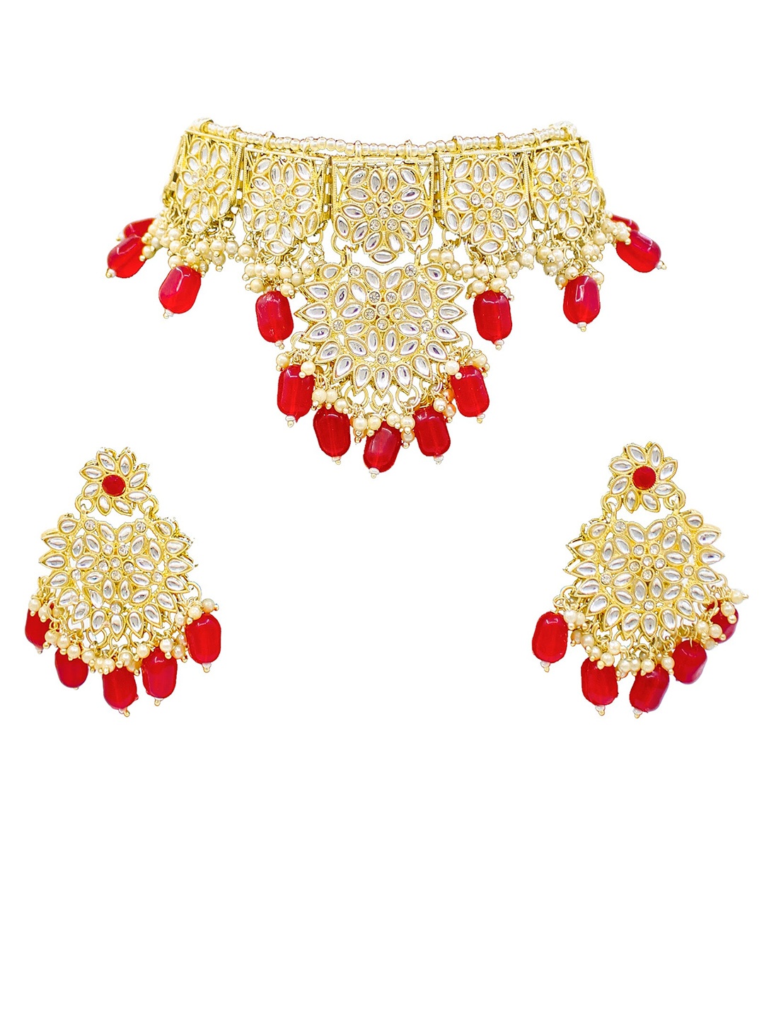 

SAIYONI Gold-Plated Red Kundan Studded Choker Jewellery Set