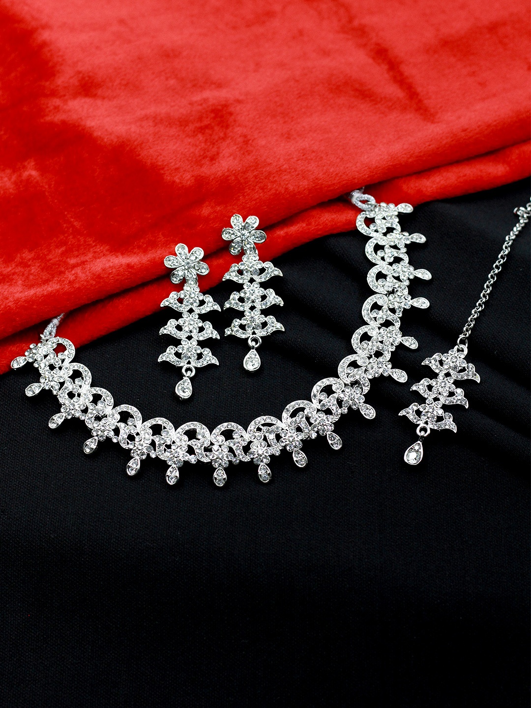 

SAIYONI Silver-Plated White Stone-Studded Jewellery Set