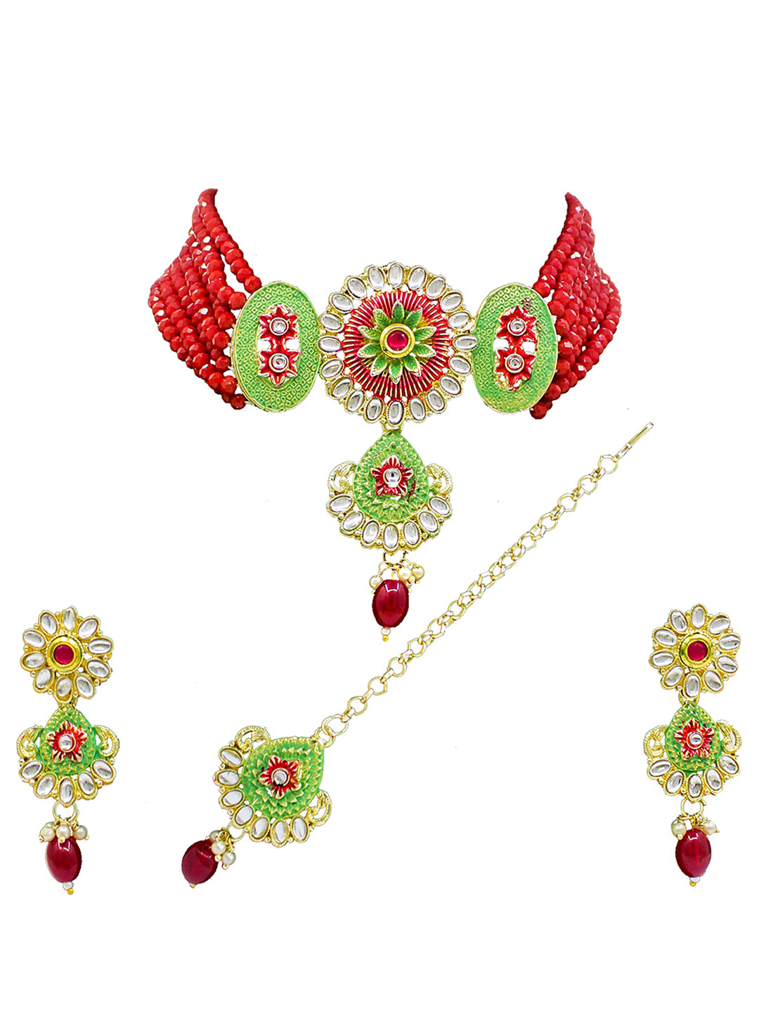 

SAIYONI Gold-Plated Red Kundan Studded Choker Jewellery Set