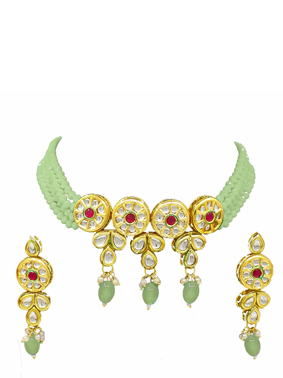 

SAIYONI Gold-Plated Green Kundan Studded Choker Jewellery Set