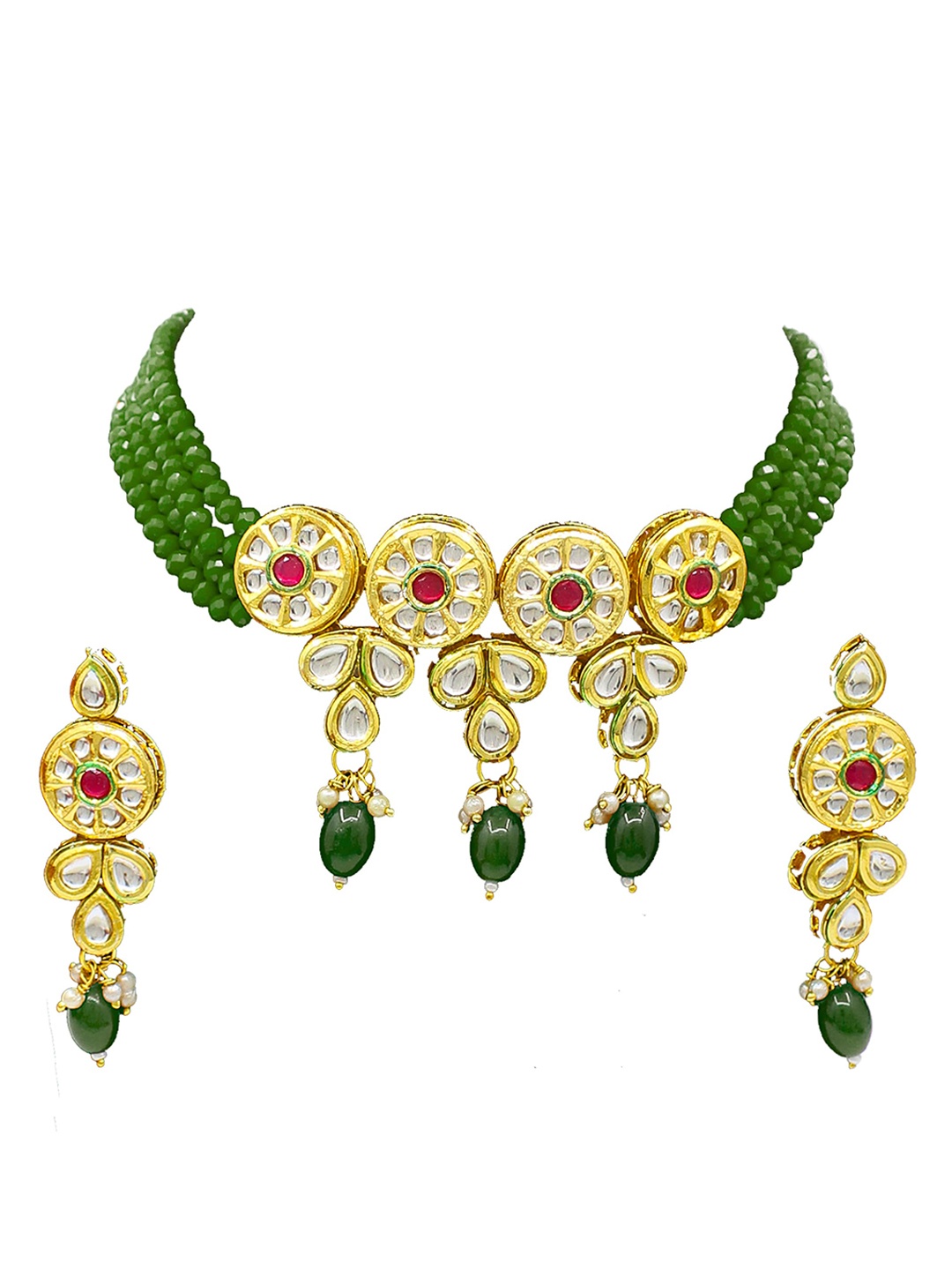 

SAIYONI Gold-Plated Green Crystal Studded Patti Choker Jewellery Set