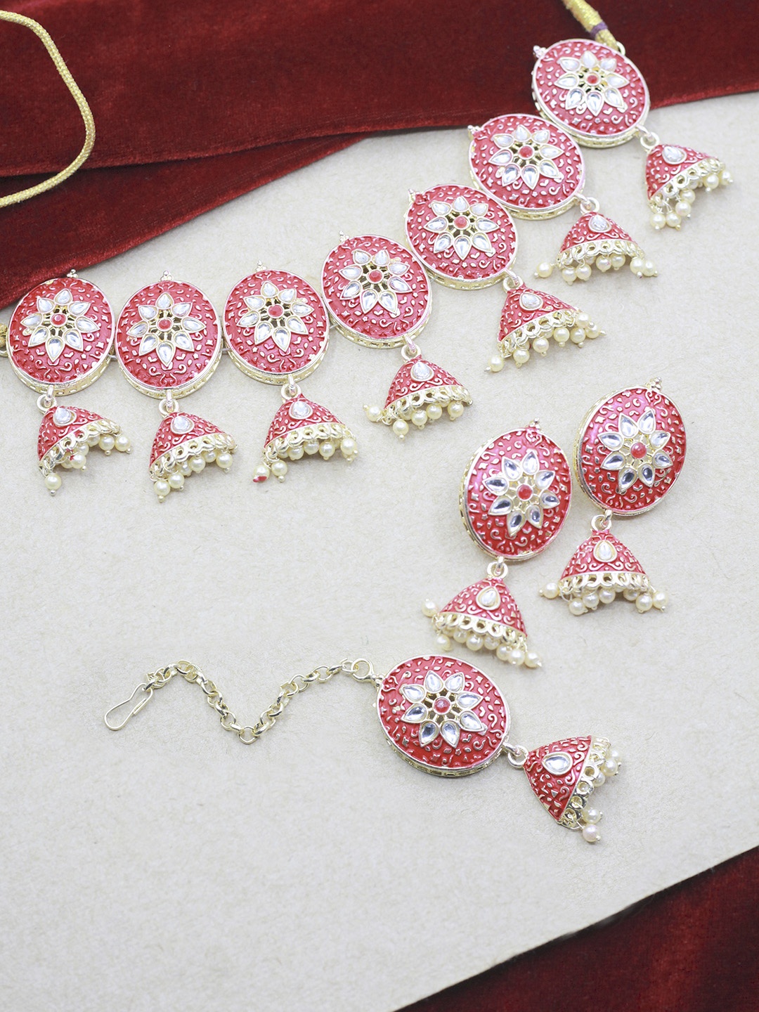 

SAIYONI Gold-Plated Pink Kundan Studded Meenakari Choker Jewellery Set