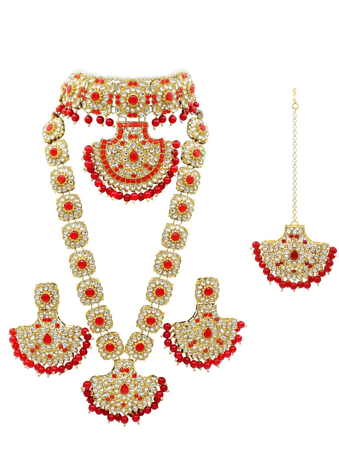 

SAIYONI Gold-Plated Red Kundan Studded Half Bridal Jewellery Set