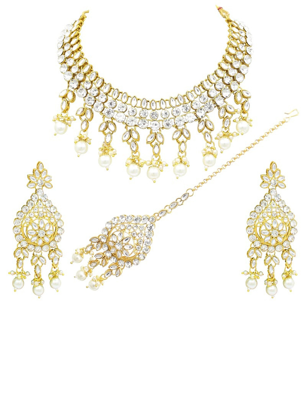 

SAIYONI Gold-Plated & White Kundan-Studded Jewellery Set With Maangtikka