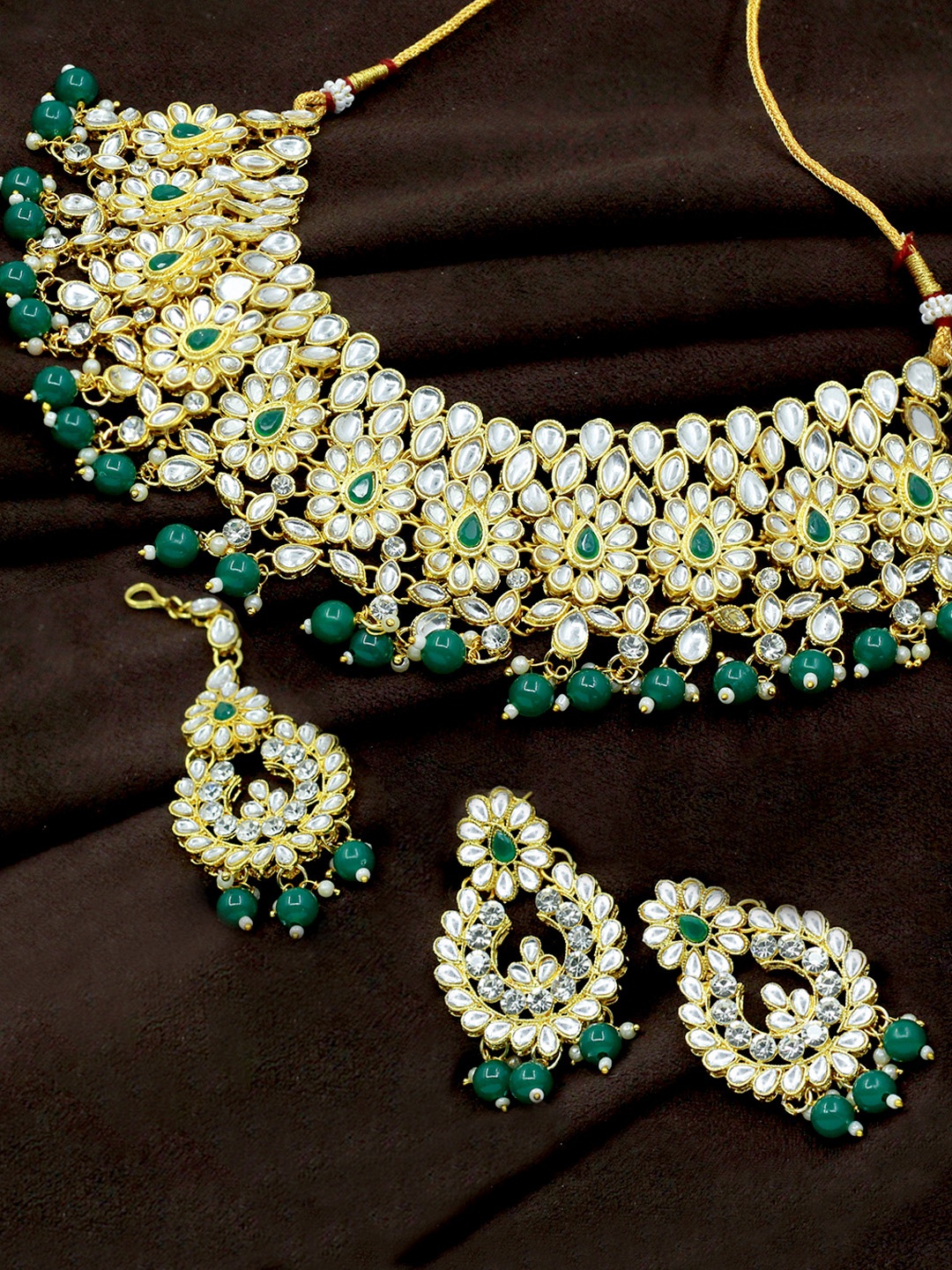 

SAIYONI Gold-Plated & White Kundan-Studded Jewellery Set With Maangtikka