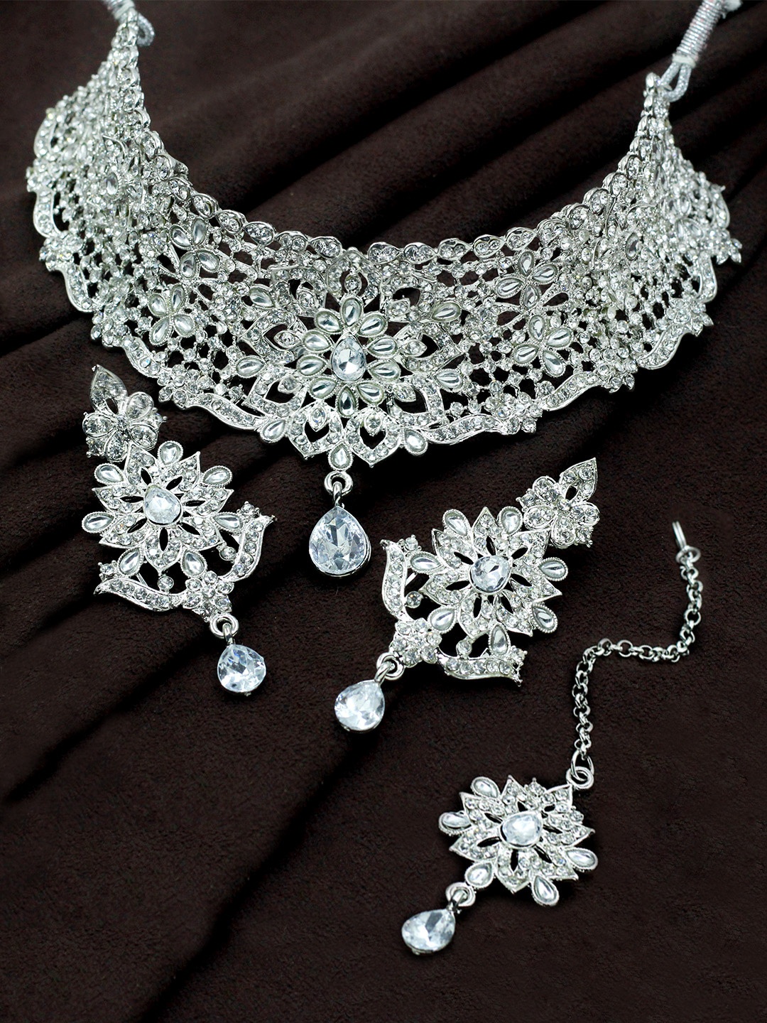 

SAIYONI Silver-Plated White Austrian Diamond-Studded Jewellery Set