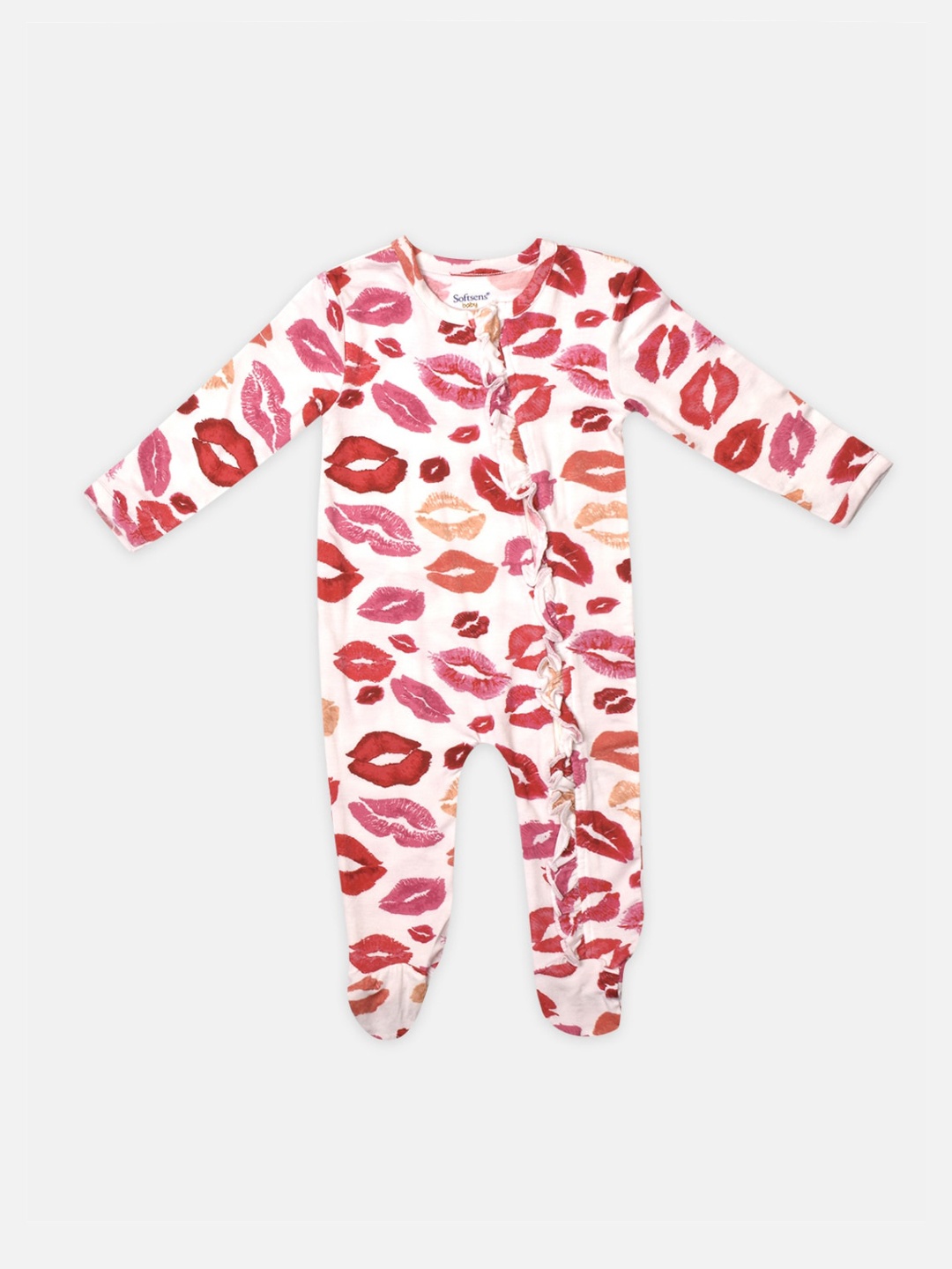 

Softsens Girls White & Pink Ruffled Bamboo Zipper Sleepsuit