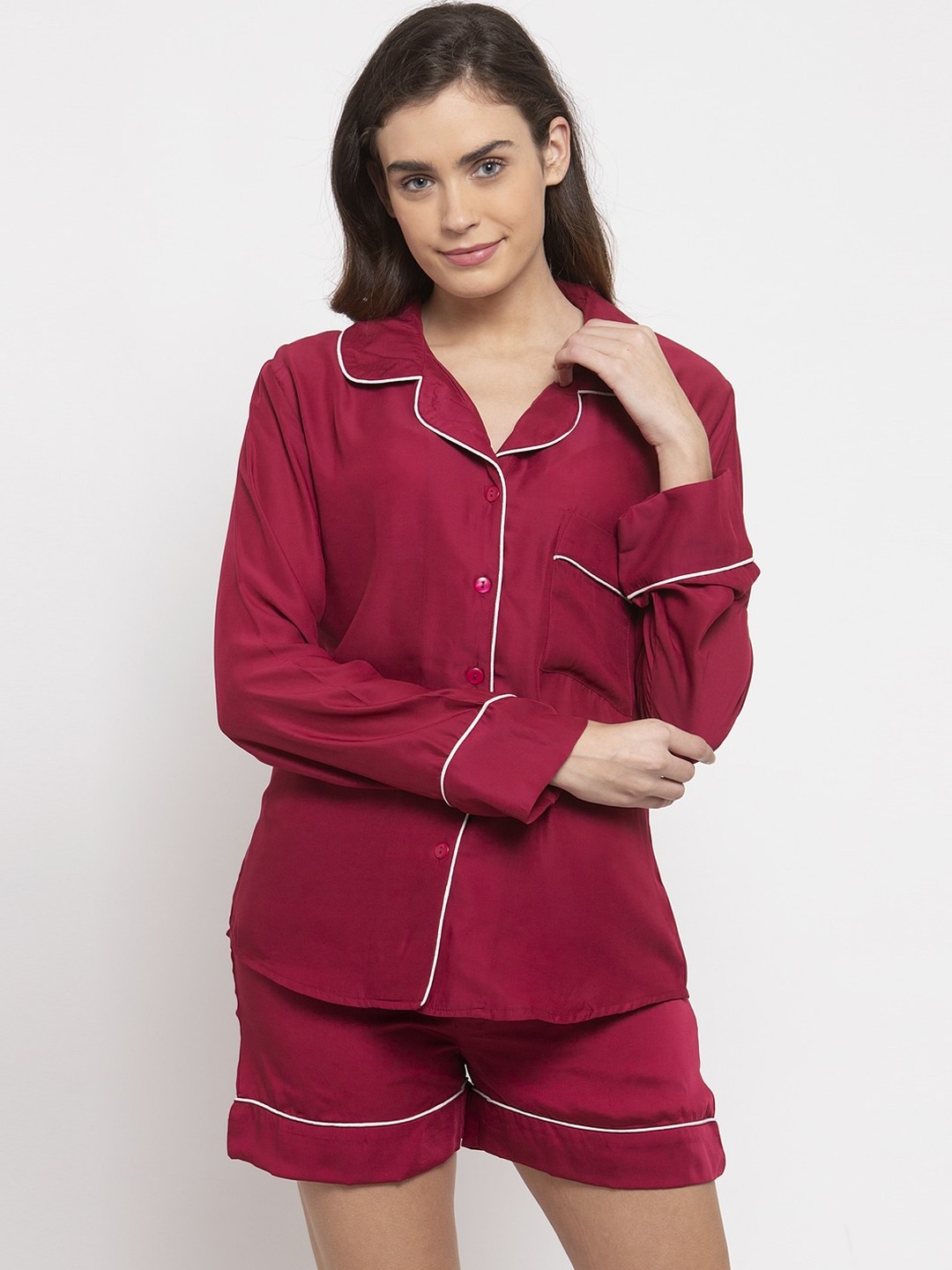 

DOOR74 Women Maroon & White Printed Night suit