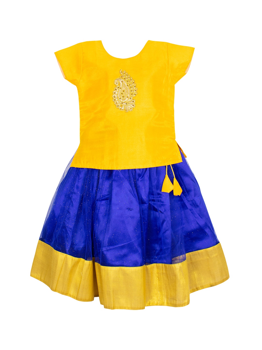 

AMIRTHA FASHION Girls Gold-Toned & Blue Embellished Beads and Stones Ready to Wear Lehenga &