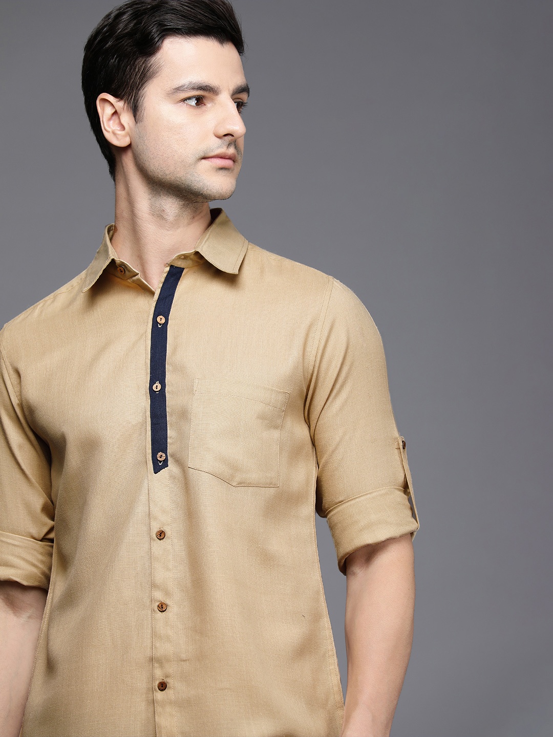 

Indo Era Men Khaki Smart Casual Shirt