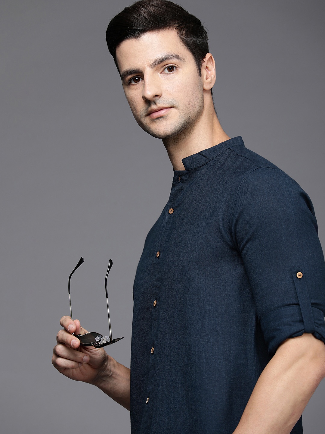 

Indo Era Men Navy Blue Smart Casual Shirt