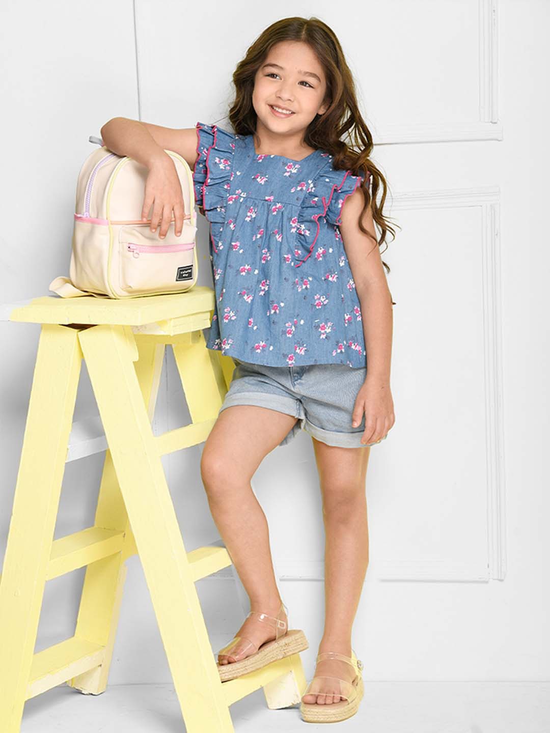 

Jade Garden Blue & skin Floral Print Organic Cotton Denim Top