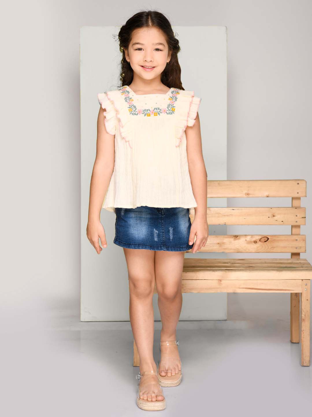 

Jade Garden Girls Off-White Embroidered Ruffled Organic Cotton A-line Top