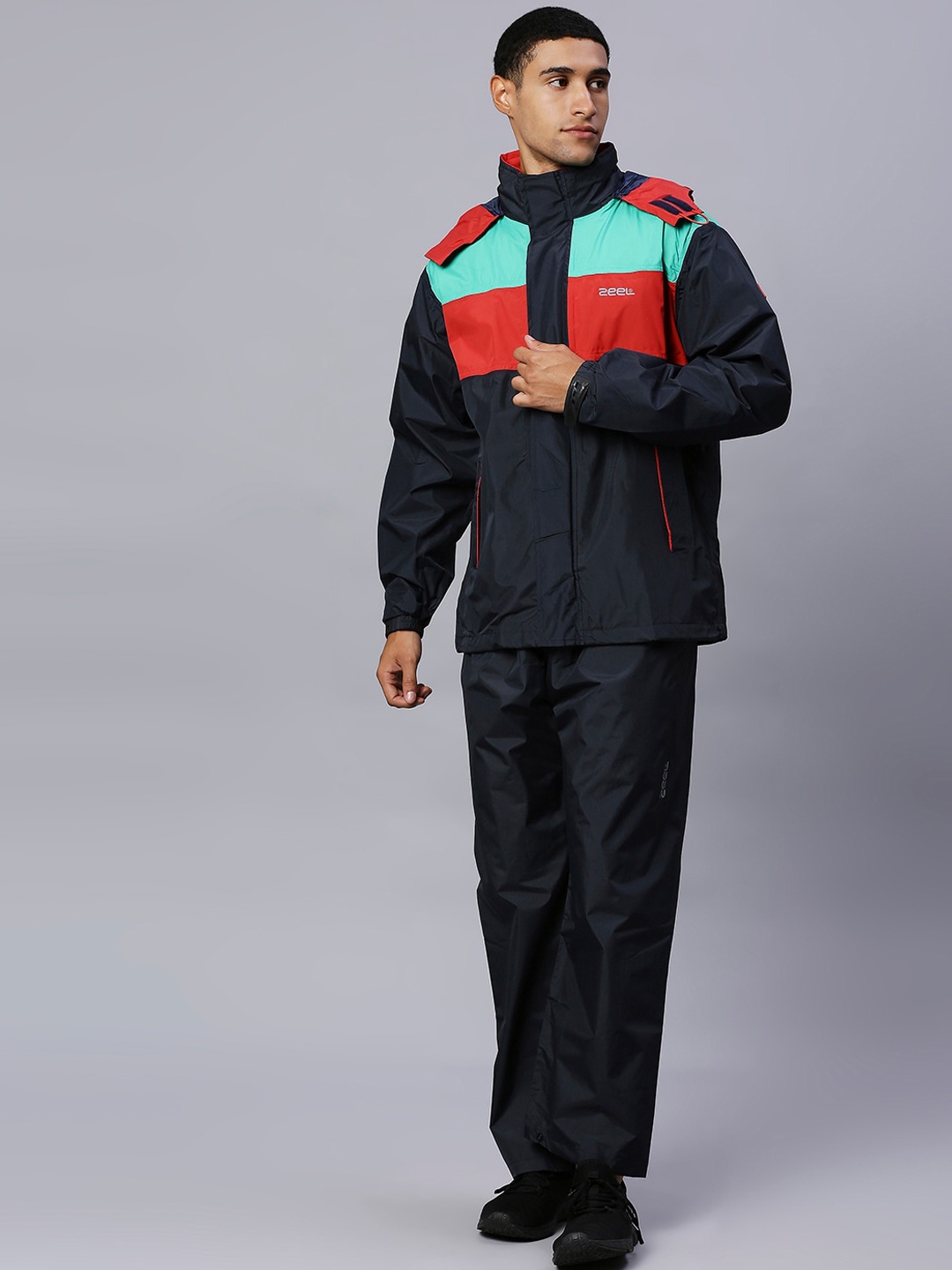 

Zeel Men Navy-Blue & Red Color-Blocked Rain Suit