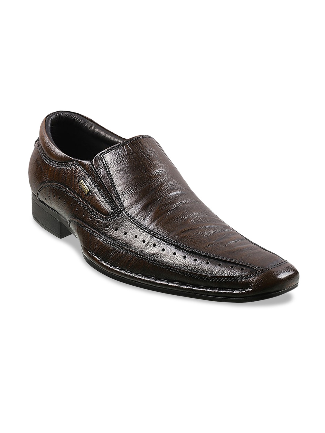 

Metro Men Brown Solid Leather Formal Slip Ons
