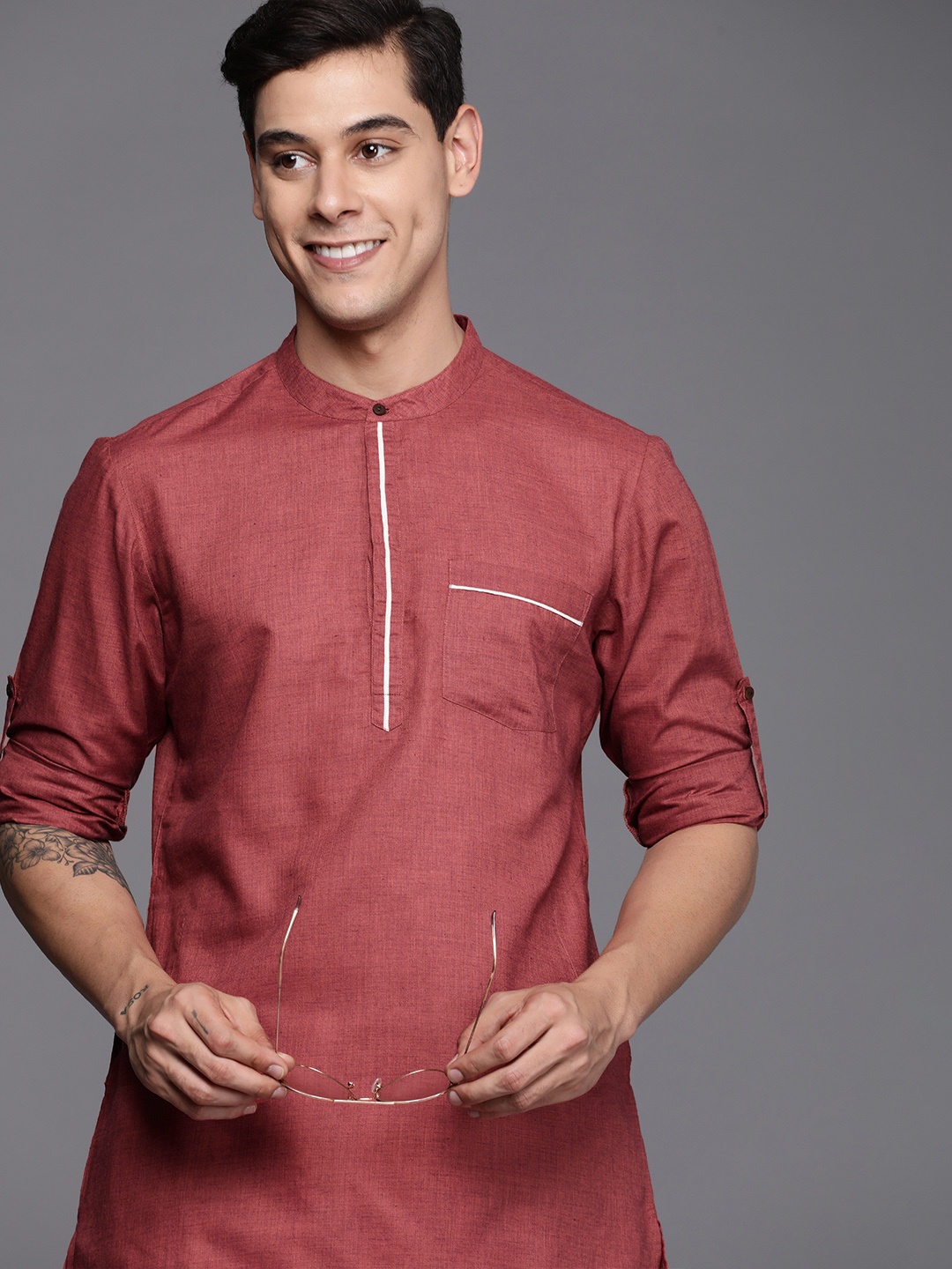 

Indo Era Men Rust Red Solid Kurta
