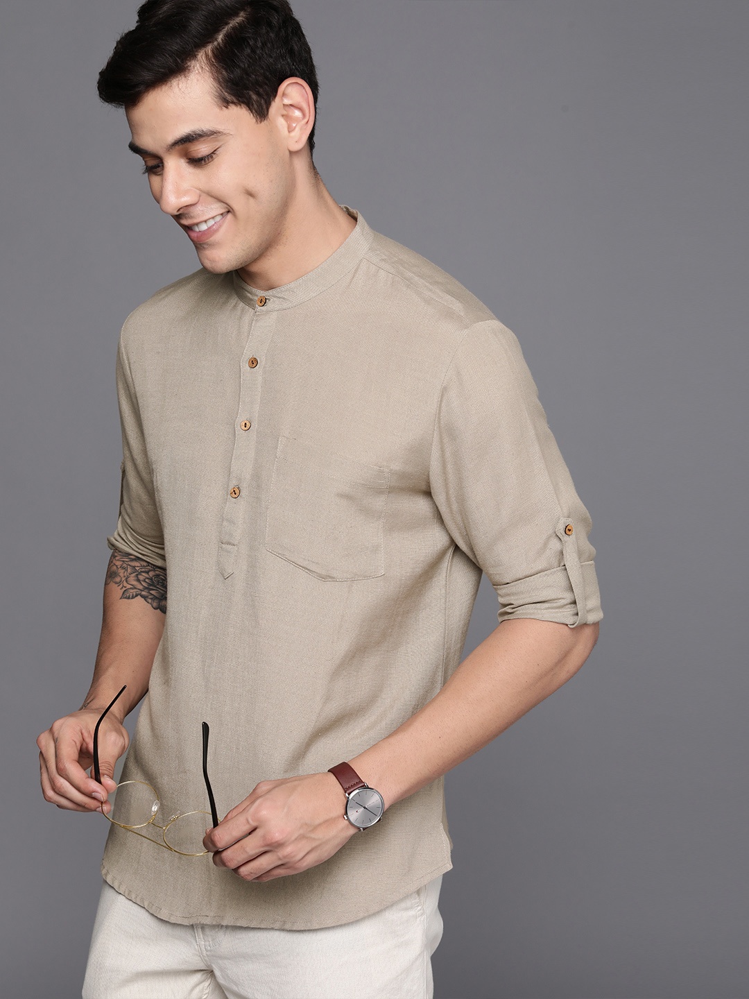 

Indo Era Men Taupe Solid Kurta