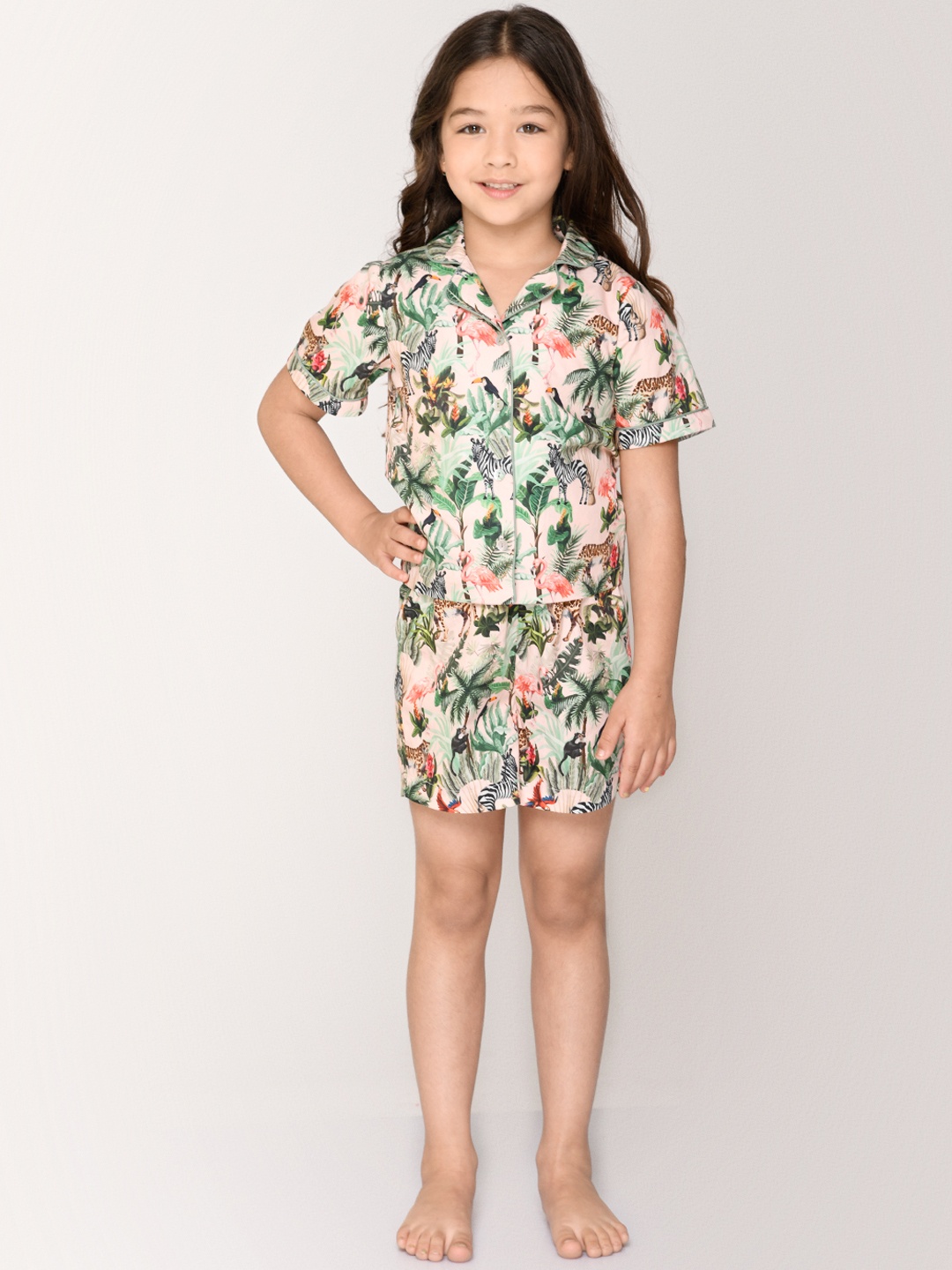 

Jade Garden Girls Beige & Green Printed Pure Cotton Clothing Set