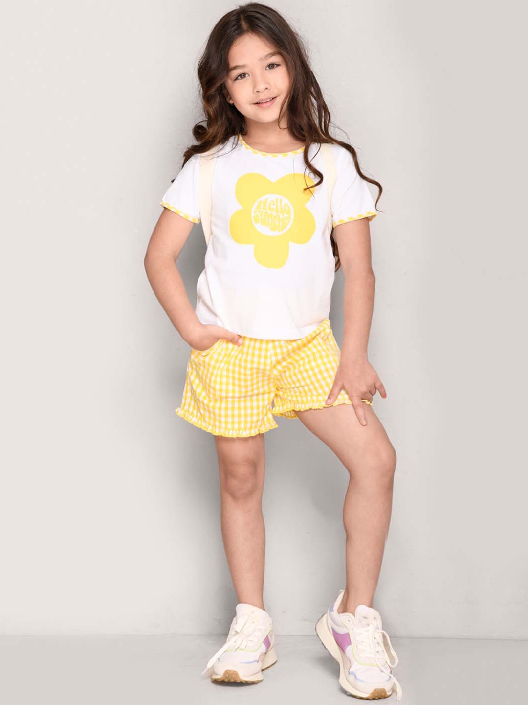 

Jade Garden Kids Girls Yellow Checked Pure Cotton Clothing Set