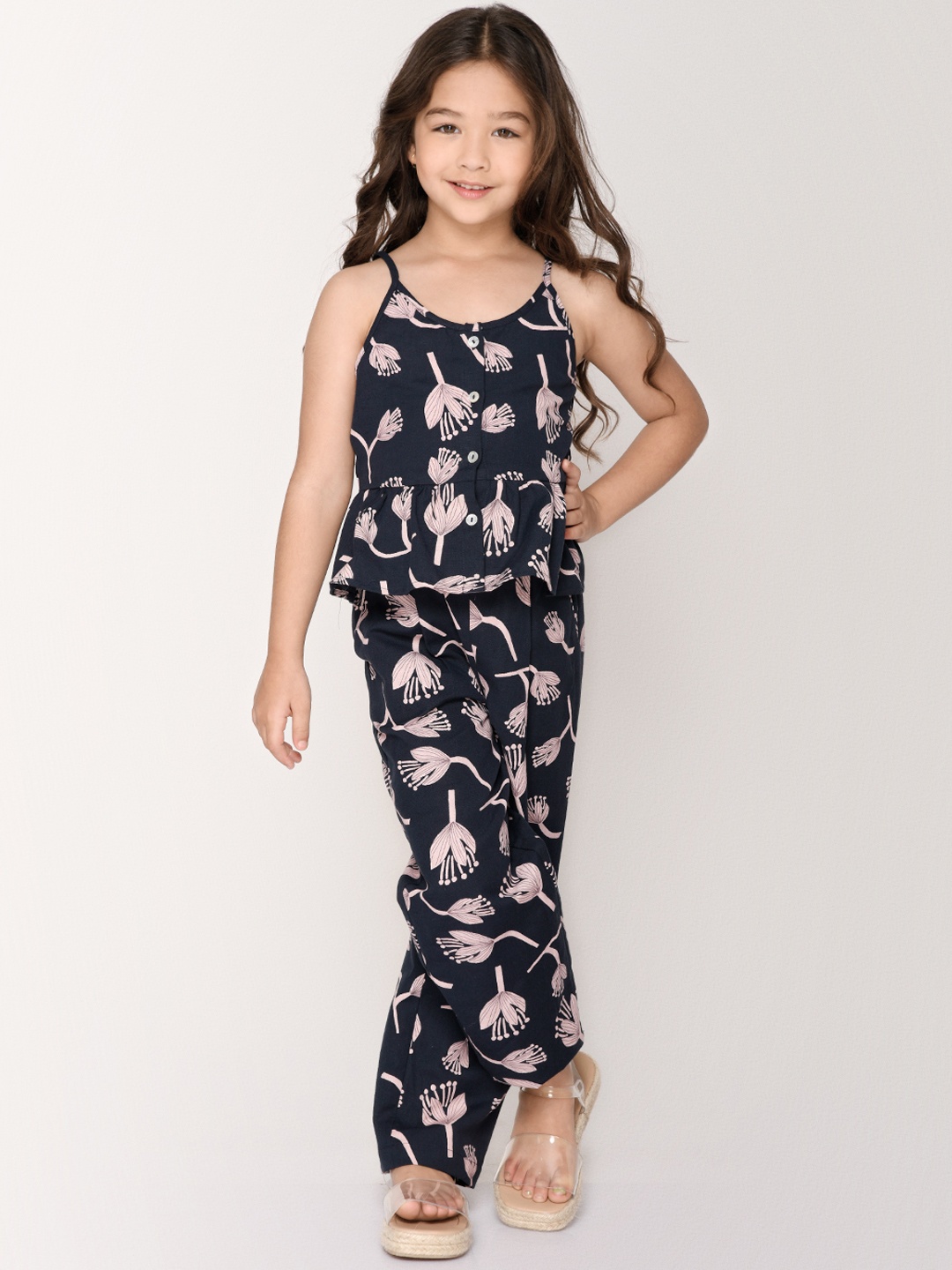 

Jade Garden Girls Navy Blue Floral Printed Pure Cotton Clothing Set