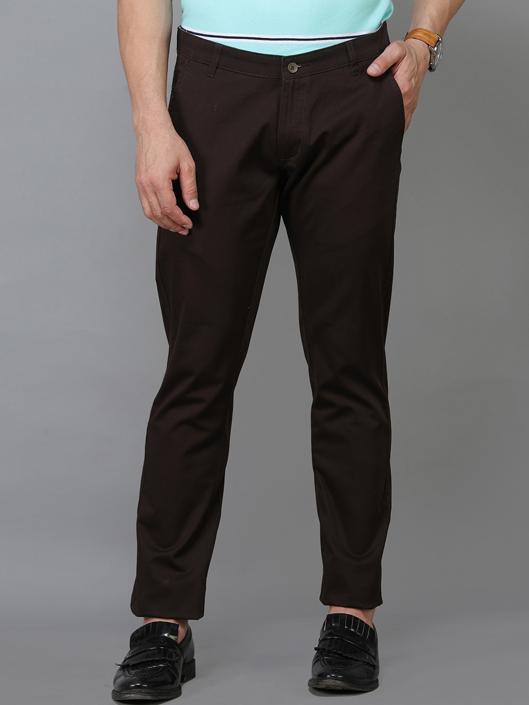 

TQS Men Brown Smart Slim Fit Chinos Trousers
