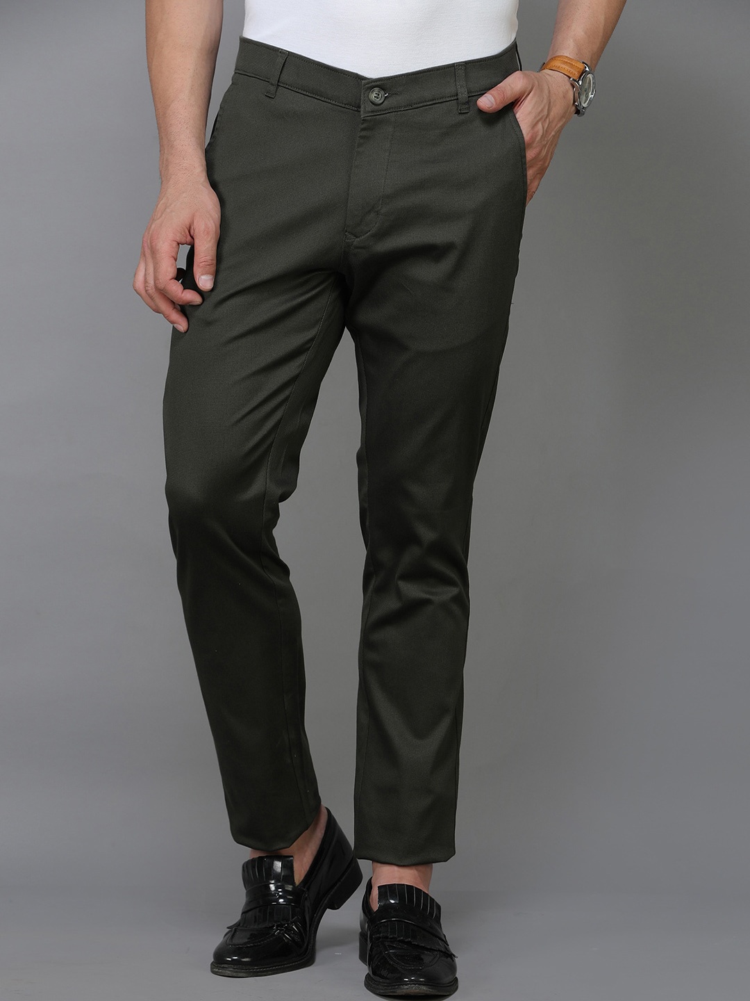 

TQS Men Olive Green Smart Slim Fit Chinos Trousers