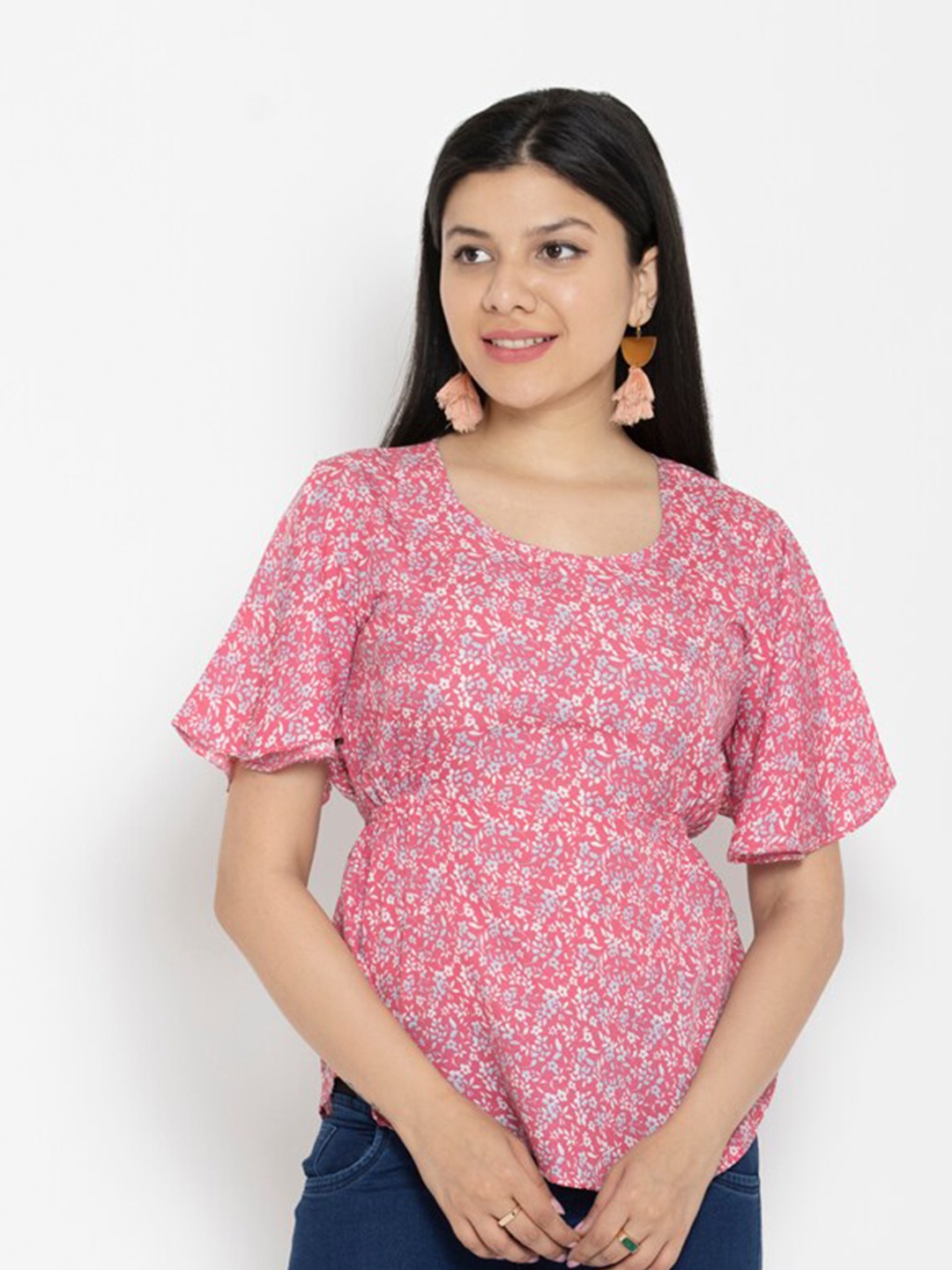 

EZIS FASHION Pink Floral Print Crepe Top