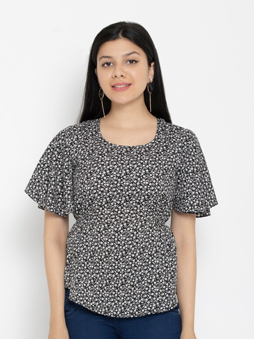 

EZIS FASHION Black Geometric Print Crepe Top