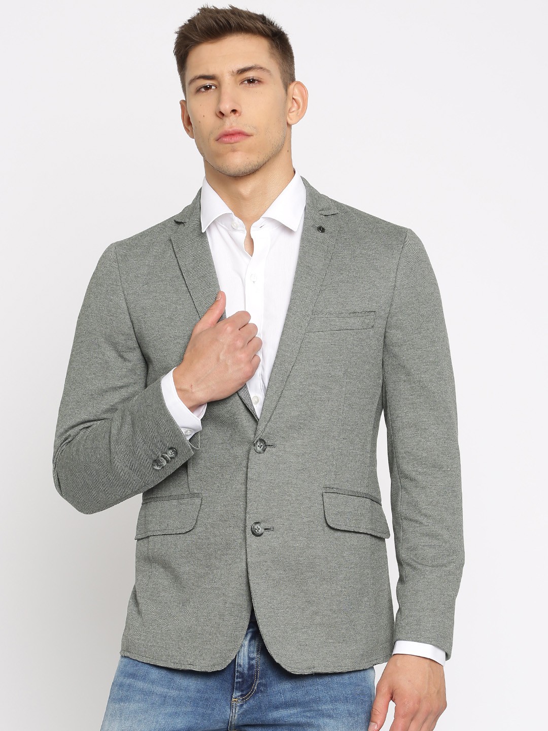 

Jack & Jones Men Grey Self-Design Single-Breasted Formal Blazer